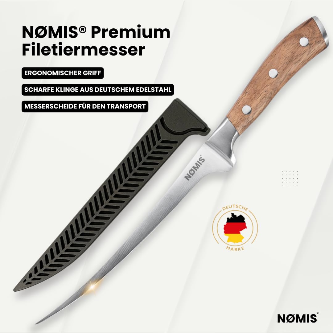 NØMIS Premium Filetiermesser Fisch | Filitiermesser scharf Fisch | Fischmesser | 18,5 cm Klinge aus Deutschem Edelstahl | Ausbeinmesser Profi für Fisch und Fleisch | Griff aus Zebraholz