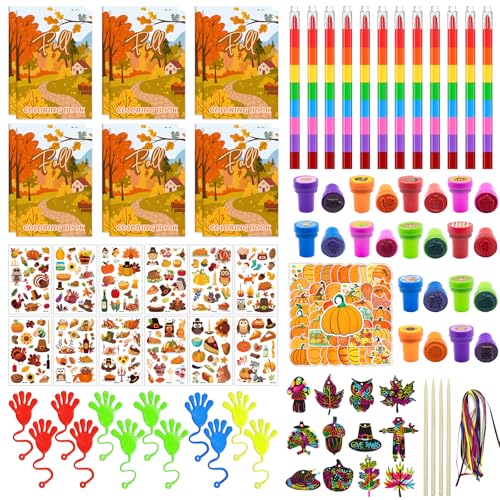 Pecopcock 122 Pcs Fall Party Favors, Autumn Coloring Books with Crayons School Exchanging Gifts Tattoo DIY Sticker Stampers Paper Crafts Sticky Hands Thanksgiving Class Rewards Treat Prizes