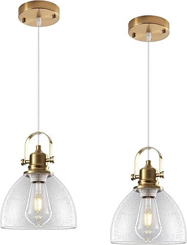 Miniatura 14 de Luces Colgantes de Vidrio para Isla de Cocina, 7.5 pulgadas Luces Colgantes de Vidrio Dorado 1-Paquete, Lámpara Colgante Moderna con Pantalla de