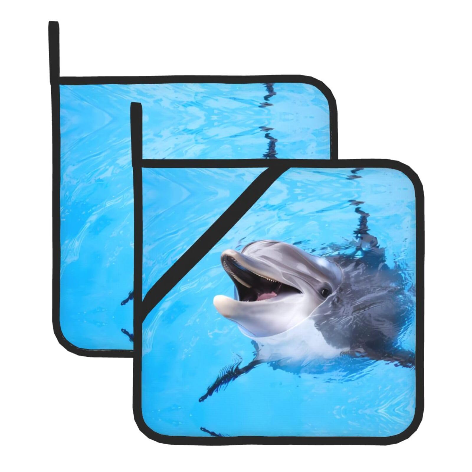 WHJSSF Dolphin Prints Square Hot Pads for Kitchen Counter - Waterproof Trivets with Hanging Loop, Thick Pot Covers for Serving, Oven & BBQ - Set of 2 (1 with Pocket)