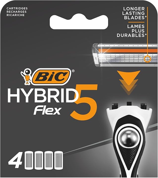 BIC Hybrid 5 Flex 4'lü Yedek Tıraş Bıçağı Kartuşu (5 Bıçak), 5 Nano Teknolojik Titanyum Bıçak, E Vitamini ile Zenginleştirilmiş Geniş Kayganlaştırıcı Bant