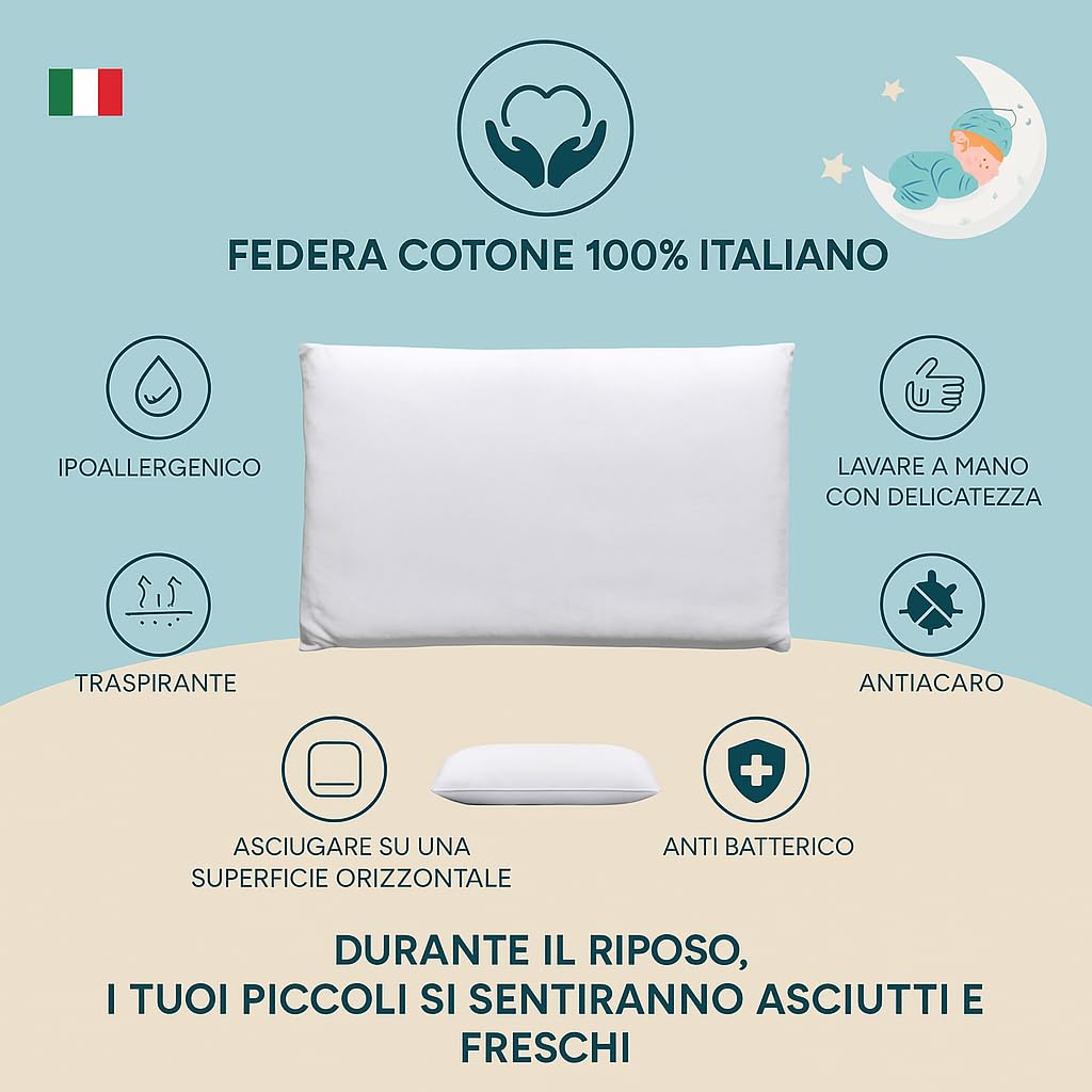tessiharmony - Cuscino Lettino Bambino 60x40 cm 100% Cotone Guanciale Letto Culla Antiacaro Anallergico Traspirante Morbido 1 2 3 4 Anni Alto 4 cm Made in Italy
