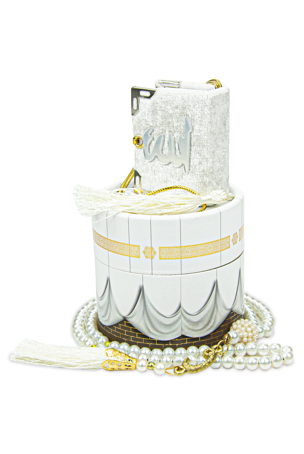 Ihvan Online White - Model 3 Islamic Prayer Cylinder Gift Box With Elegant Velvet Covered Mini Quran & Prayer Beads Tesbih, Misbaha Tasbeeh Sibha 99 Mala Tasbih, Ramadan & Eid Gift, White