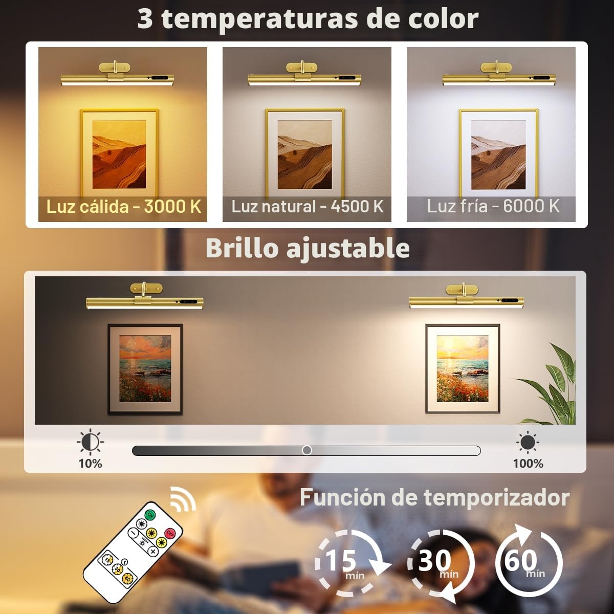 Hapfish Aplique espejo baño sin cable, luz inalambrica para cuadros, 4000mAh recargable lamparas de pared con mando a distancia, iluminacion sin cables para espejo de baño, cuadros, interior