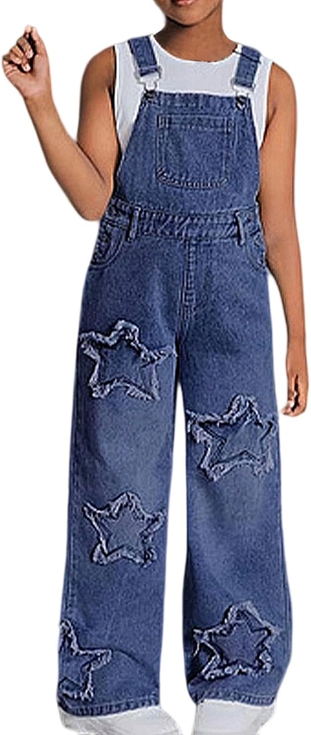 Girls Denim Overalls, Kids Star Pattern Patchwork Adjustable Straps Straight Leg Stretchy Jean Jumpsuit Dungarees Pants