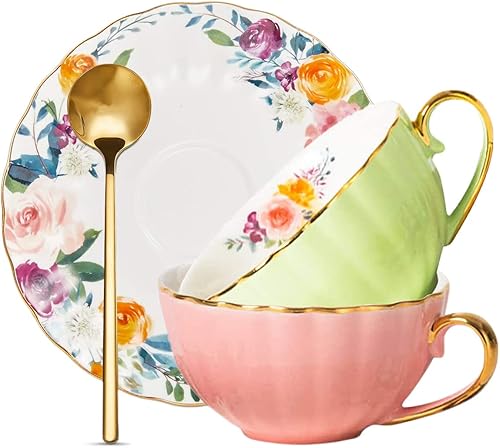 ONEUSTAR Juego de taza de té y platillo para 2 tazas de té inglesas de porcelana de hueso, tazas de té florales, tazas de café con leche para el día