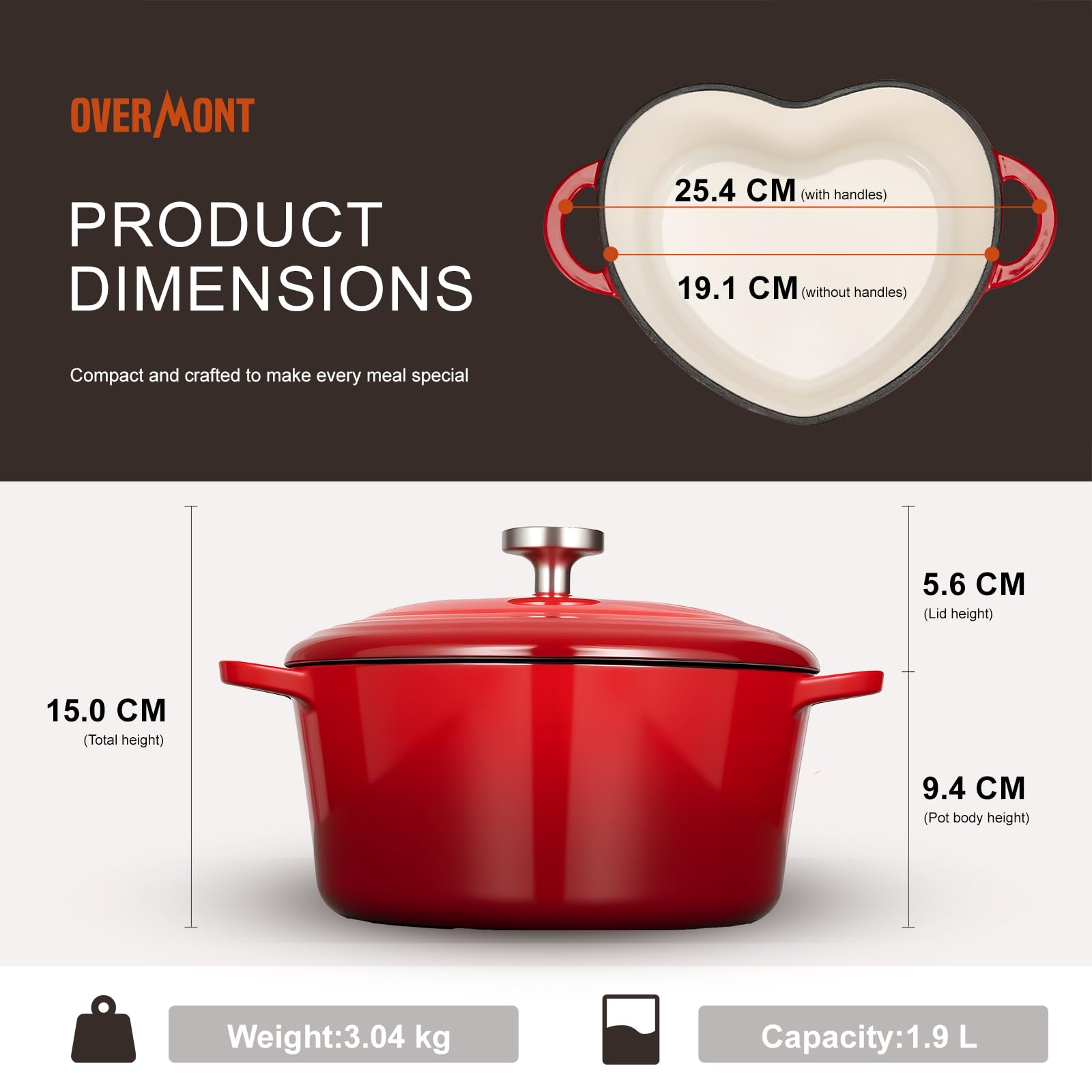 Overmont Pentola in Ghisa Smaltata a Forma di Cuore - 1.89L Casseruola con Coperchio e Libro di Ricette - Per Cucina, Forno, Stufare e Arrostire - Regalo Matrimonio e Festività - Rosso