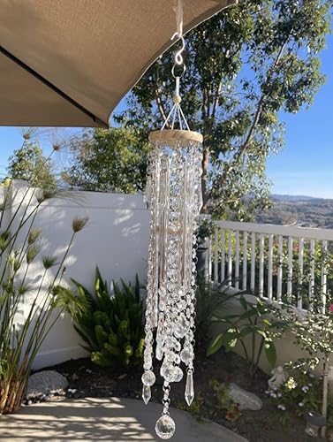 Crystal Wind Chime Chandelier Sun Catcher – Vintage Maple, Icicle & Round K9 Crystal Prisms, Natural Wood Top, Soothing Melody & Sparkling Sun Catcher, Garden or Indoor Décor