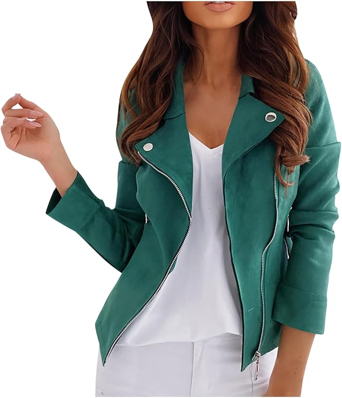 Womens Moto Jacket Asymmetrical Zip Lapel Long Sleeve Casual Cropped Coat