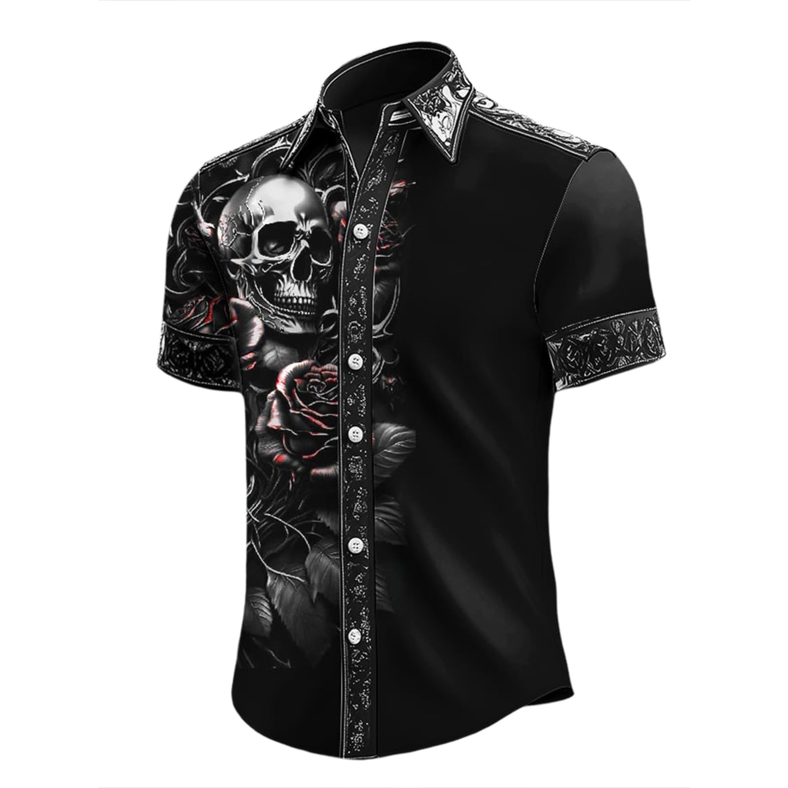 Zanisouta Halloween Costume Men's Short Sleeve Summer Shirt Gothic Casual Shirt Horror Skull Printed Blouse Lapel Button Shirt Blood Splatter Tops Funny Outfit Carnival Party Shirt, P Black, 4XL