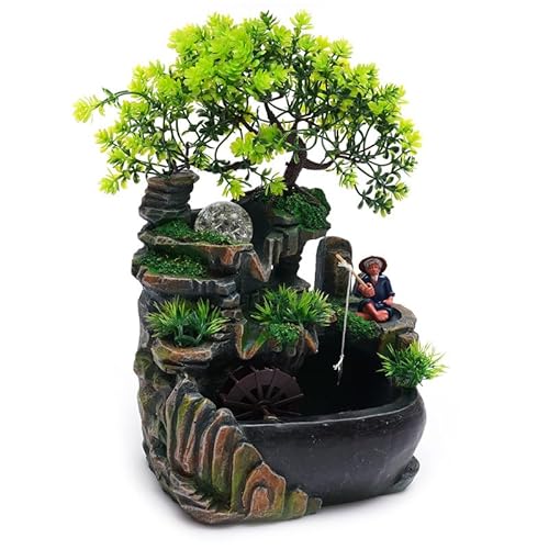 Zen Tischbrunnen mit LED Licht und Wasserfall, Feng Shui Zimmerbrunnen aus Harz mit Steingarten, Fischerfigur und Baum, Geschenkidee für Meditation und Entspannung – H 30 cm Zen Tischbrunnen mit LED Licht und Wasserfall, Feng Shui Zimmerbrunnen aus Harz mit Steingarten, Fischerfigur und Baum, Geschenkidee für Meditation und Entspannung – H 30 cm