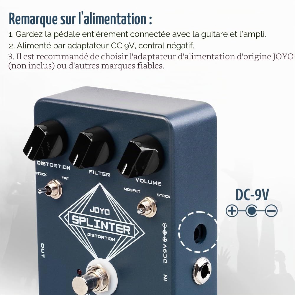 JOYO Pédale d'effet Distorsion Analogique, commutateur FAT/MOSFET avec contrôles DISTORTION/FILTER/VOLUME, True Bypass (SPLINTER JF-21)