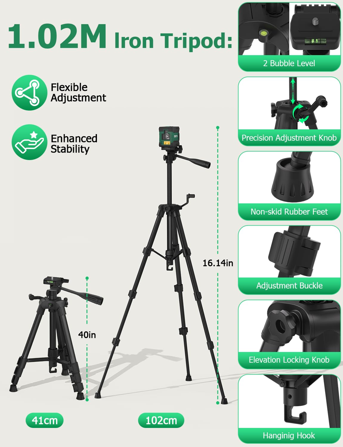 Livella Laser Verde con Treppiede da 102cm, Livello Laser Autolivellante a Linea Incrociata, Strumento per Appendere Quadri, Piastrelle e Progetti di Costruzione Indoor