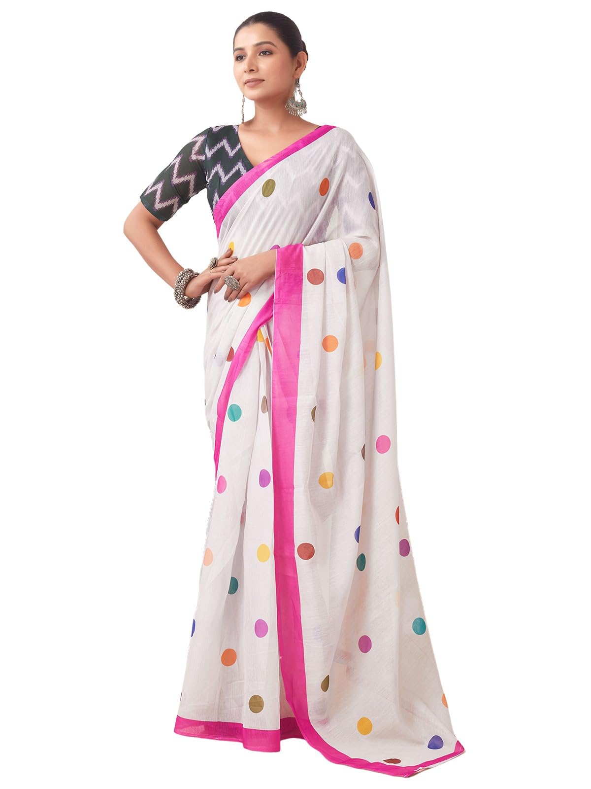 Satrani Women's Chanderi Polka Printed Ready To Wear One Minute Saree With Unstitched Blouse Piece (31Rs282N_Off White)