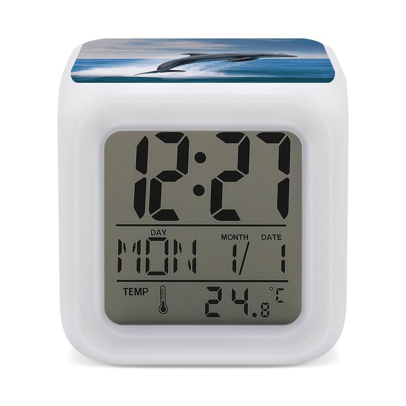 FekiLoot Jumping Up Dolphins Alarm Clock for Heavy Sleepers Wake Up Digital Clock with 7 Color Changing Night Light Super Loud Digital Alarm Clocks Small Machine Alarm Clocks