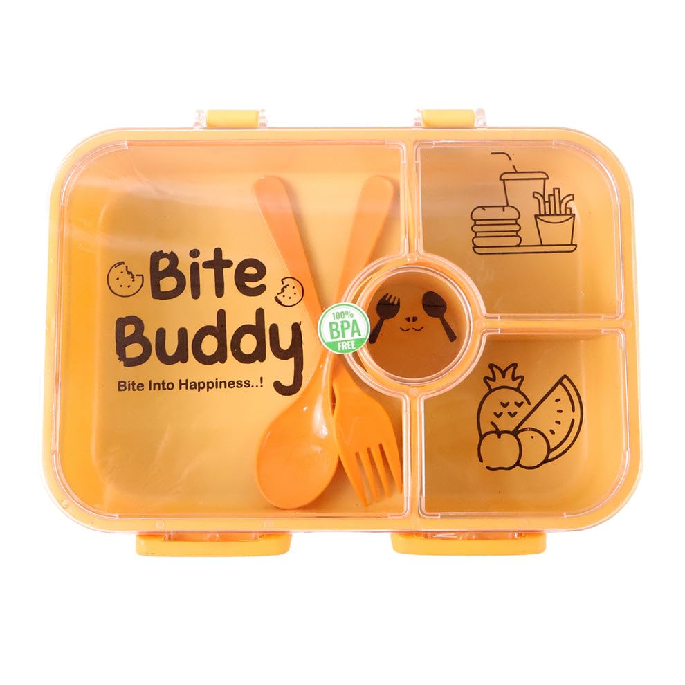Image of Bite Buddy 4 Compartment Leak Resistant Plastic Lunch Box with Spoon Fork Office School Travel Tiffin Food Storage Daily Meal Organizer