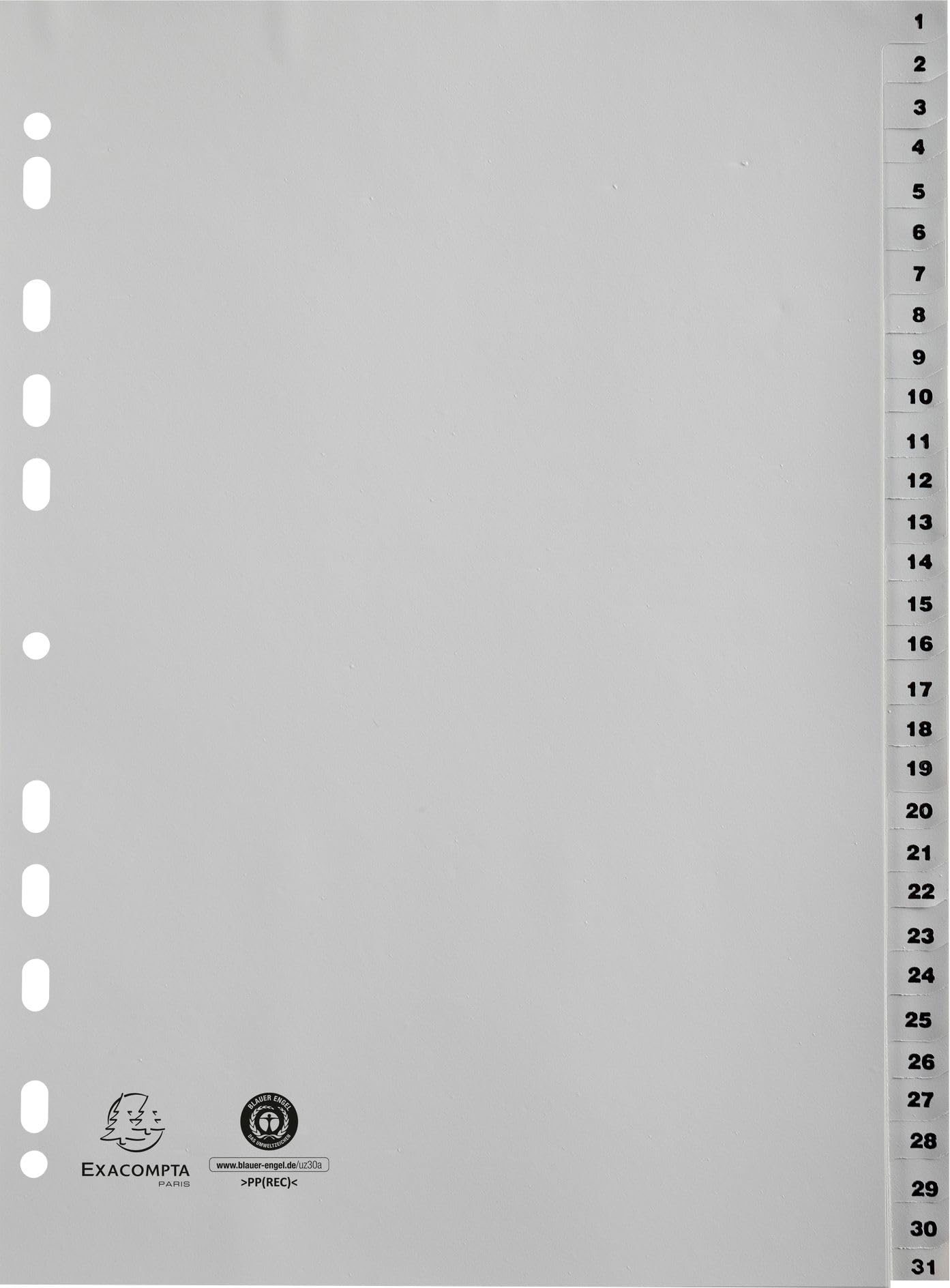 Exacompta 1931E Kunststoff-Register 1-31 für DIN A4 aus recyceltem Kunststoff 31-teilig volle Höhe 21 x 29,7 cm grau mit bedruckten Taben Universallochung Blauer Engel Trennblätter Trennstreifen