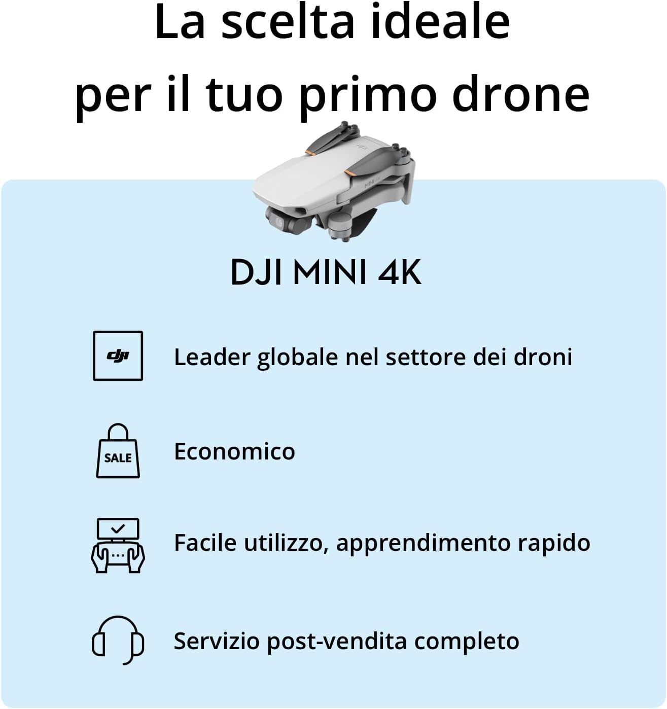 DJI Mini 4K, drone per adulti, fotocamera 4K HD, < 249 g, stabilizzatore 3 assi, trasmissione video 10 km, return automatico, resistenza al vento, 1 batteria per tempo di volo 31', volo intelligente