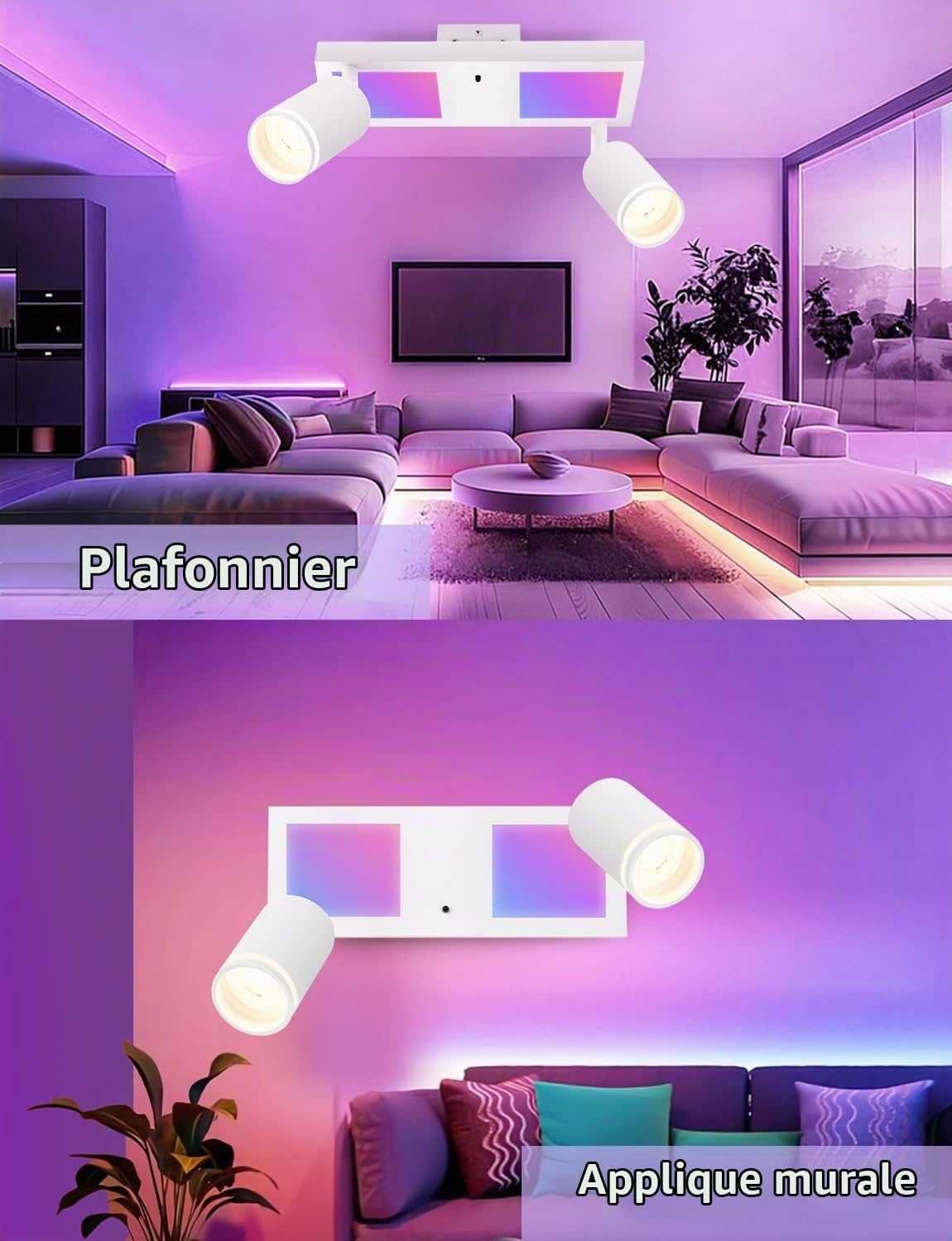 YindaLux Plafonnier LED 2 Spots avec Télécommande, RGB 17W 2300LM Spots de Plafond GU10 Orientable, Blanc Plafonnier Spot avec Lueur Inférieure 7W+2x5W GU10 pour Salon Cuisine Chambre