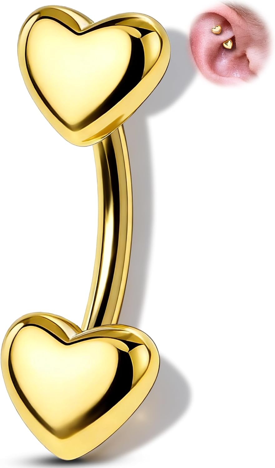 Melighting 16G Heart Rook Piercing Jewelry 316L Surgical Steel Eyebrow Ring | Double-Ended Heart, Gold/Black/Steel Rook Earring, Piercing Barbell 6mm/8mm