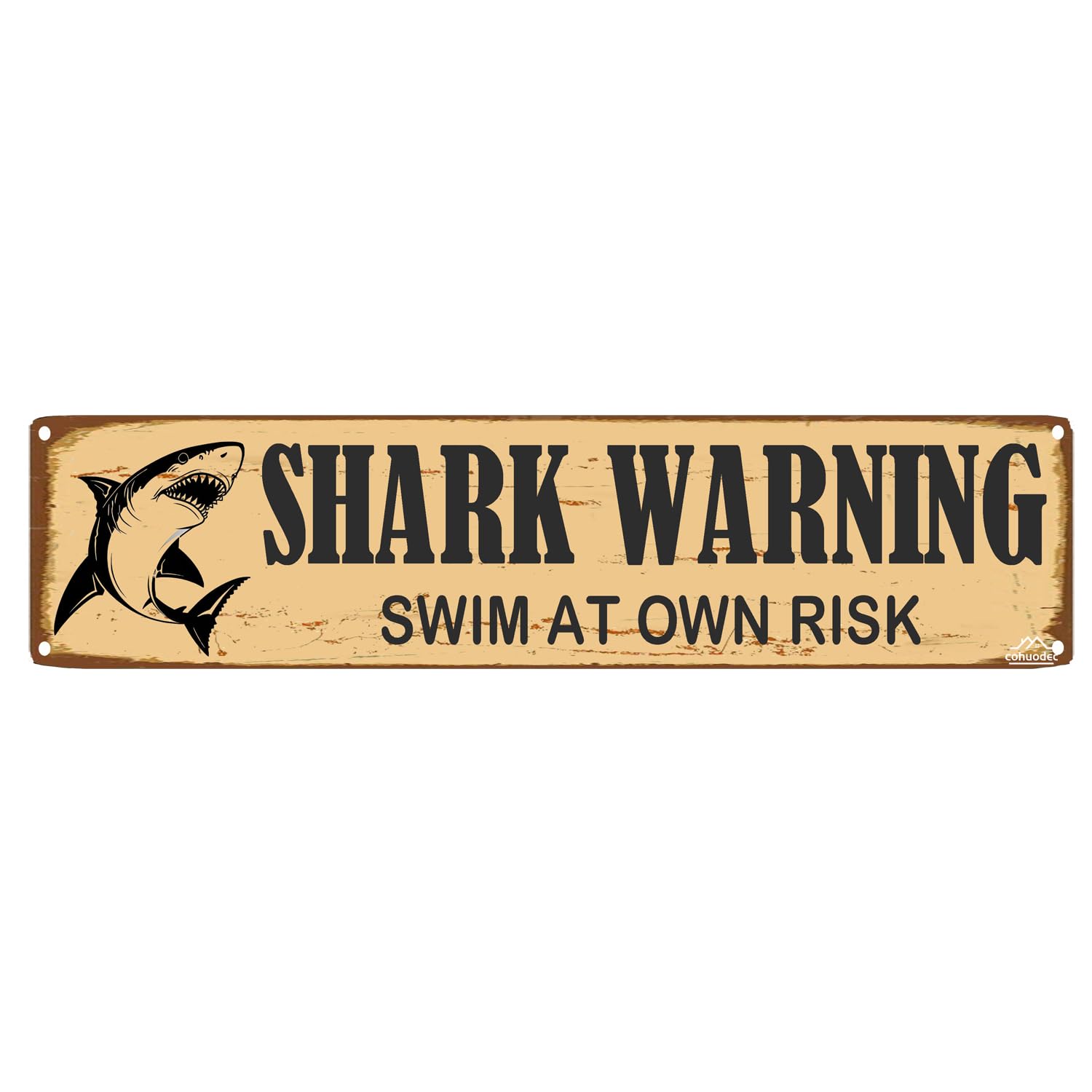 peiyeety Shark Warning Swim at Own Risk Sign, Rustic Metal Wall Art, 16 x 4 Inch Coastal Beach House Decor & Shark Art