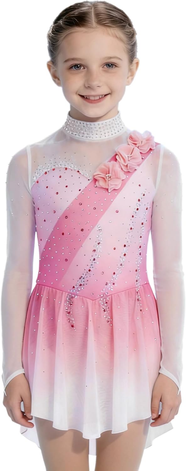 Linjinx Kids Girls Figure Ice Skating Dress 3D Flower Mesh Long Sleeve Ballet Lyrical Dance Leotard Dress Dancewear