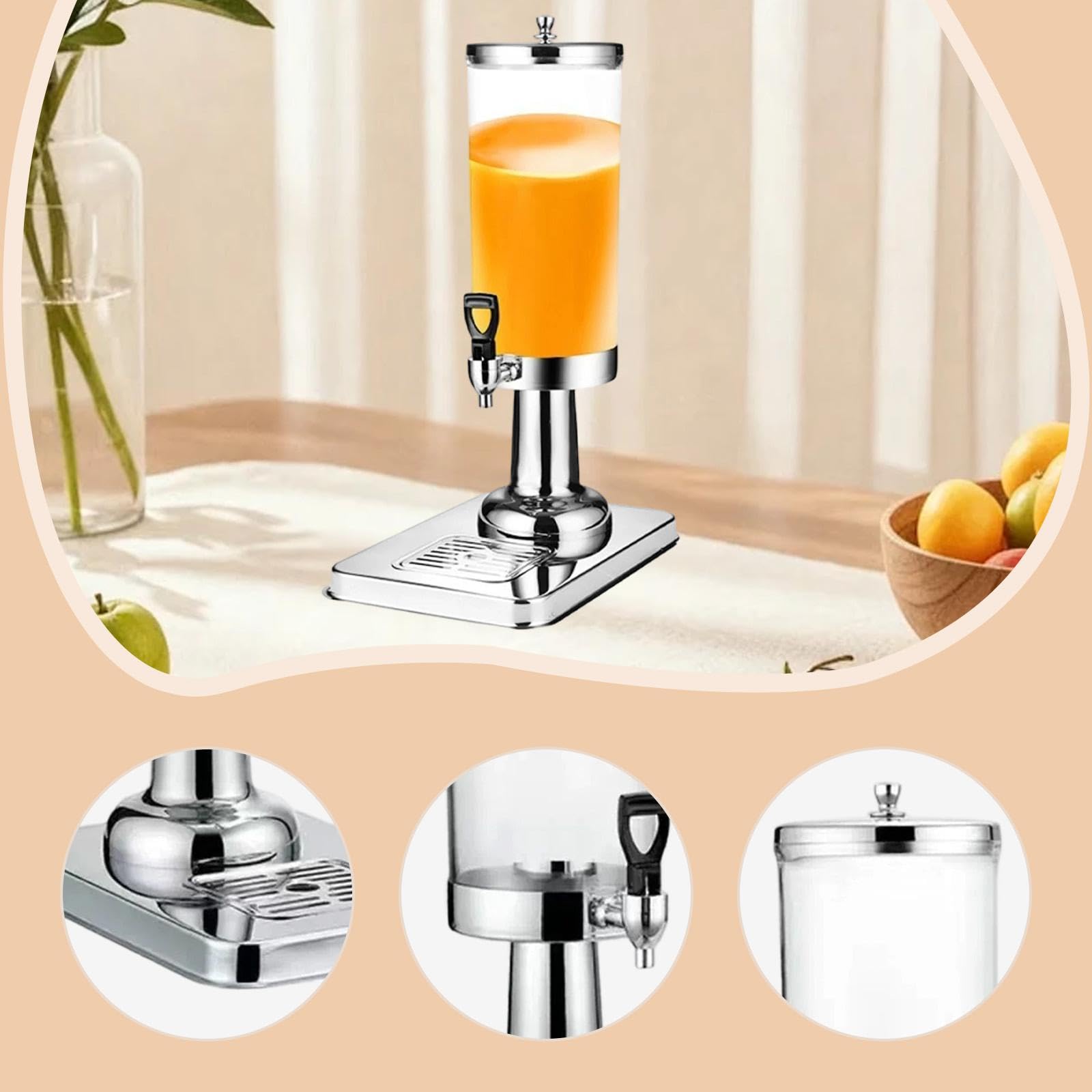 Dispensador de Bebidas con Bandeja Antigoteo, Recipiente de 3 litros para de Hotel, Plata, Individual