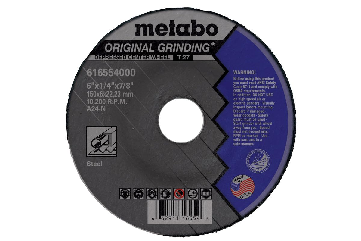 Metabo 7-inch Original Grinding Wheel | Type 27 | 7" x 1/4" x 5/8"-11 | A24N | Aluminum Oxide | Fast & Reliable Results | Steel, Stainless Steel | 655560000
