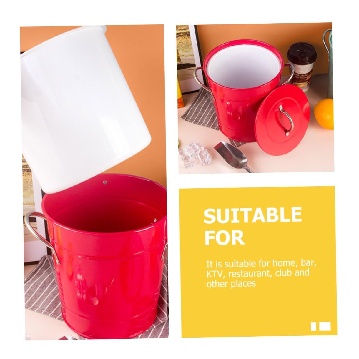 DOITOOL Seau à Glace Portable en Fer Ménager 3 L Rouge Vif Isolé Multifonctionnel pour Bar et Maison, Seau pour Congélateur Adapté aux Fêtes et Restaurants