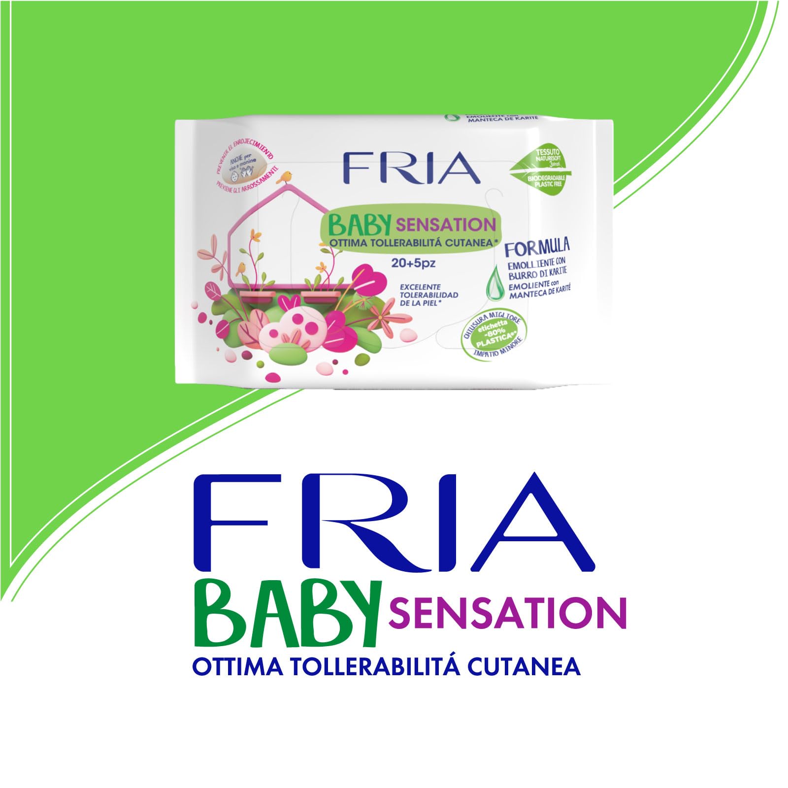 Fria Baby Sensation Salviette per Cambio Pannolino, con Burro di Karitè ad Azione Emolliente sulla Pelle, Dermatologicamente Testate, Pratica Confezione da Borsa con 20+5 Salviette