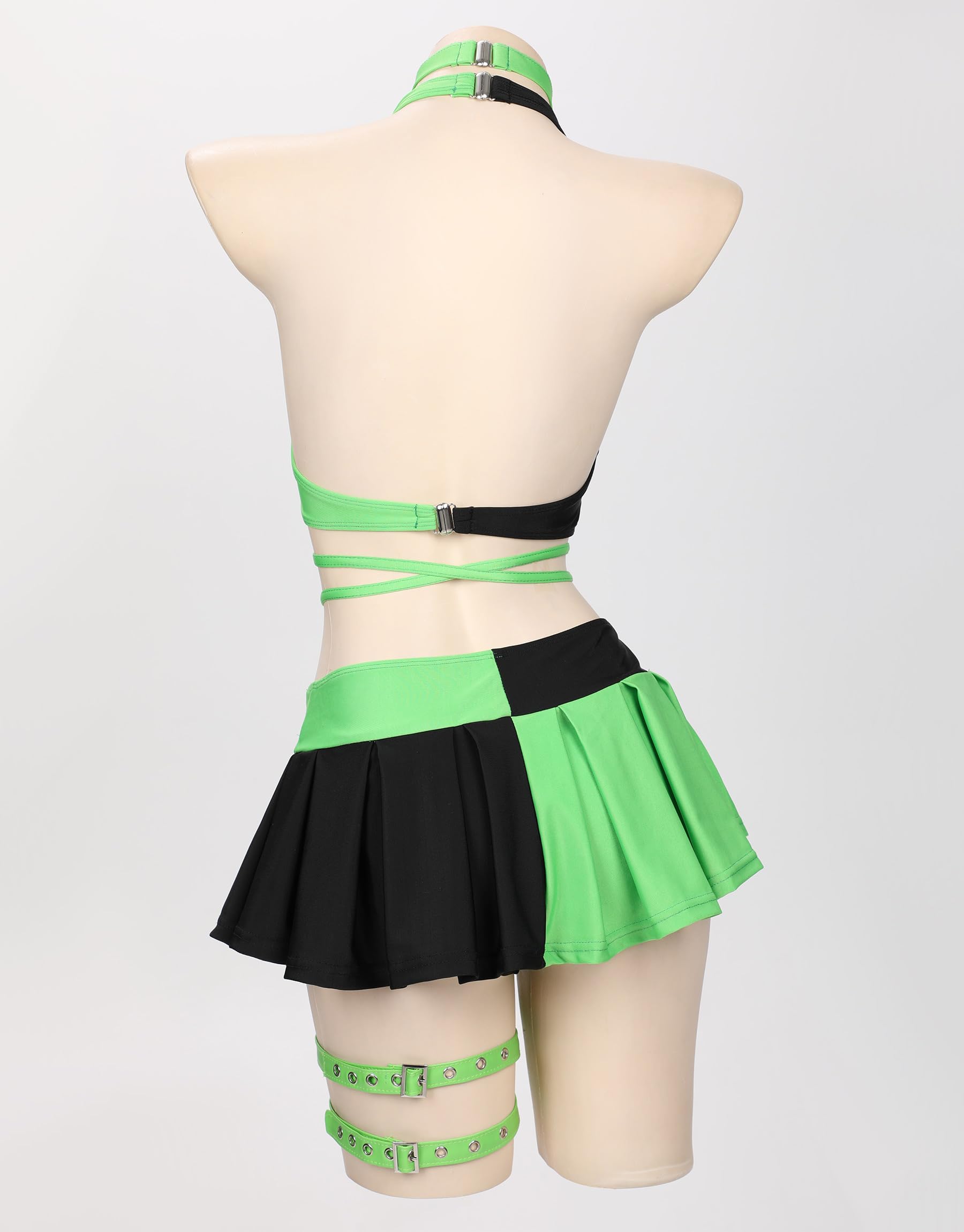 MEOWCOS Gothic Black Green Spliced Halter Bra and Bottom Bathing Suit with Long Sleeve Top Skirt and Choker