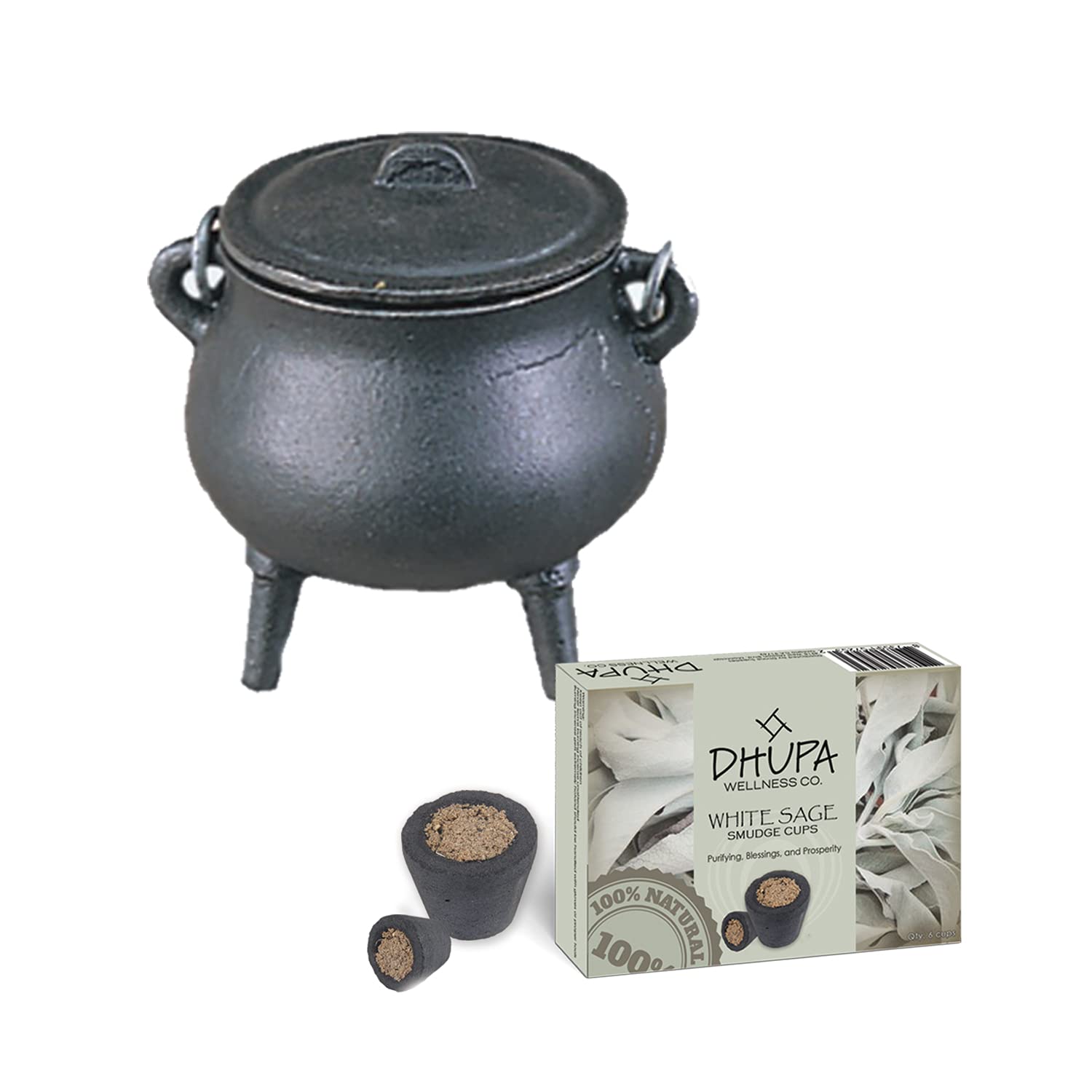 Soul Sticks Cast Iron Cauldron with Lid and Carry Handle for Spells, Smudging, Ritual & Blessings | Includes 6 Free Incense Smudge Cups (2.5 Inch, OM)