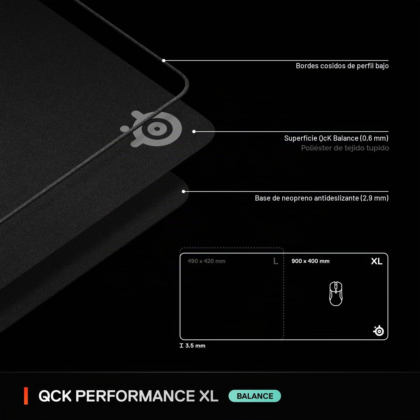 SteelSeries QcK XL Performance Balance - Alfombrilla de Mouse para Juegos, Densidad Extra para un Deslizamiento Suave, Costuras de Borde de Perfil bajo, Base de Goma de Neopreno Antideslizante, 15.75