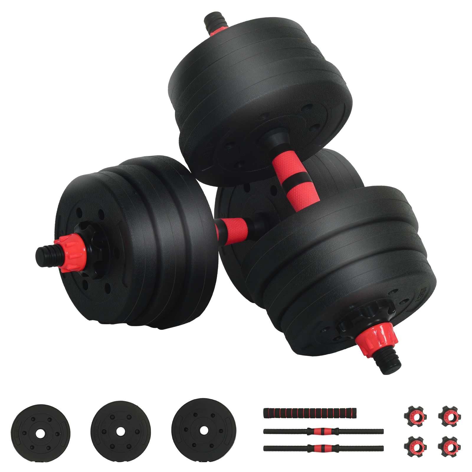 Zestaw krótkich i długich hantli 2 w 1, 20 kg, regulowany, z antypoślizgowym uchwytem, sztangą, obciążnikami do treningu siłowego, budowy mięśni, fitnessu, treningu domowego i treningu