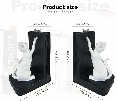 LIFFY Decorative Bookends, Heavy Duty Resin Cat Bookends, Non-Skid Bookshelf Stopper, Cute Cat Figures for Shelves, Study, Office Desk (White, 1 Piece)