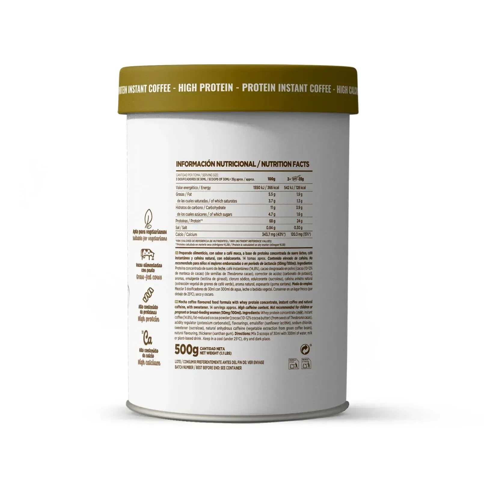 HSN Café Proteico | Moca 500g | Café Instantáneo + Proteína Whey + Cacao Desgrasado Sin Azúcares Añadidos | 150mg Cafeína | No Incluye Dosificador | Vegetariano Sin Gluten