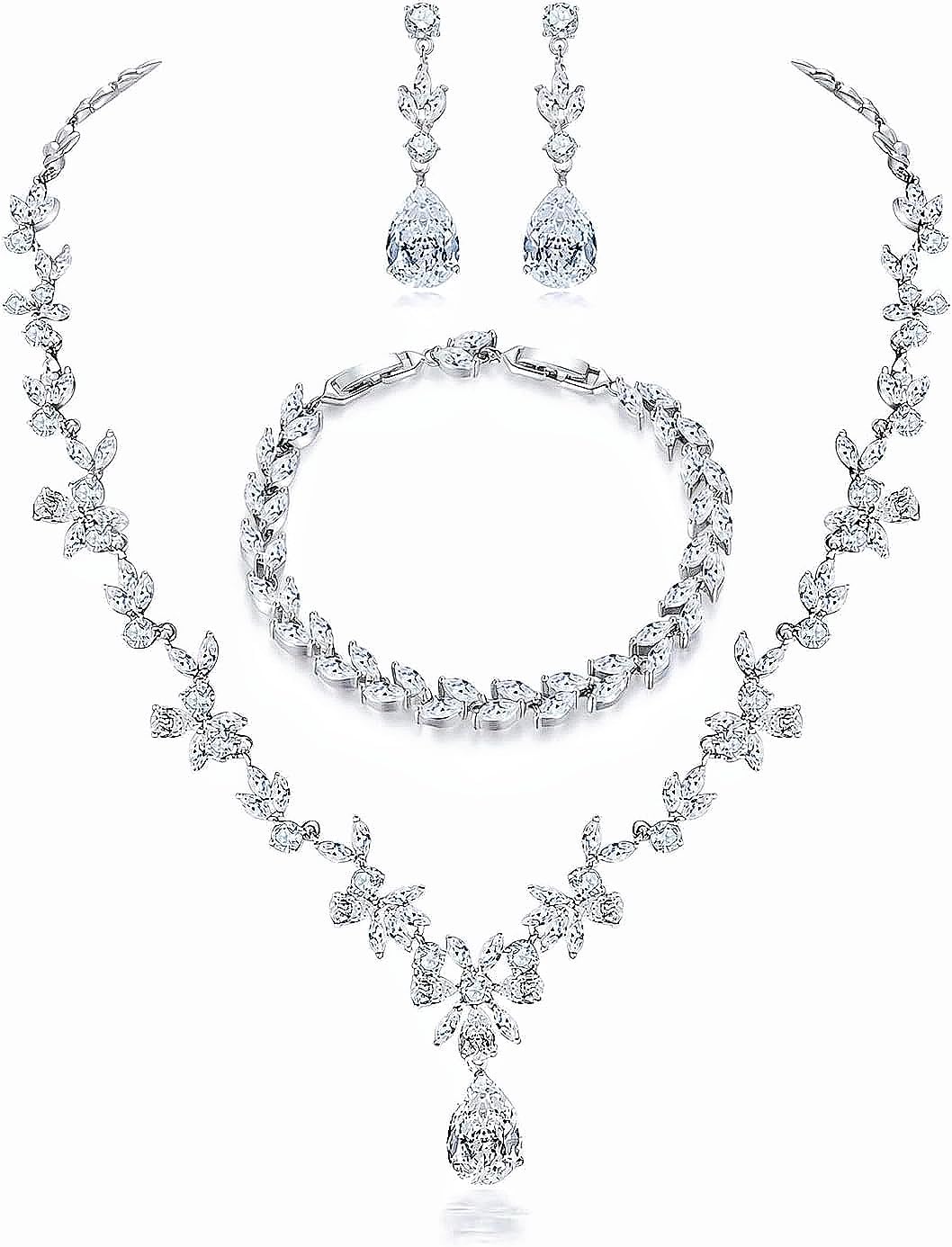 Jewelry Set for Women Necklace Dangle Earrings Bracelet Set Rhinestone Tear Drop Jewelry for Bridal Marquise Allergy Free Wedding Party Bridesmaid