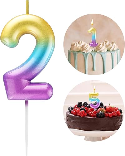 Velas número 2 arcoíris con número 3D de feliz cumpleaños para decoración de fiesta de pastel de cumpleaños, suministros de celebración de