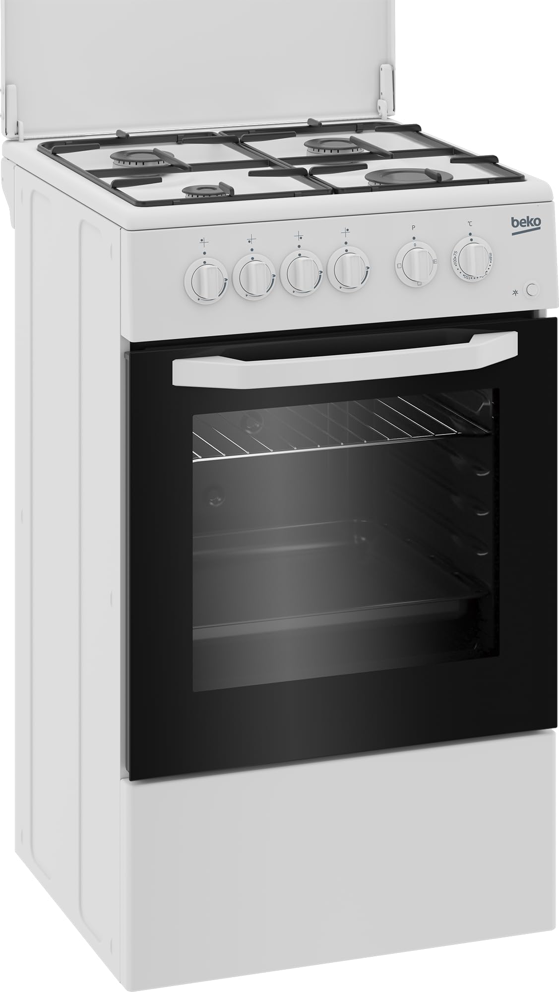 Beko - CSS42014FW - Cuisine 50X50, Four électrique statique + plan avec 4 brûleurs à gaz et grilles à plat, Classe A, Contrôle mécanique, Couleur Blanc, Dimensions HxLxP : 85,0 x 50,0 x 50,0