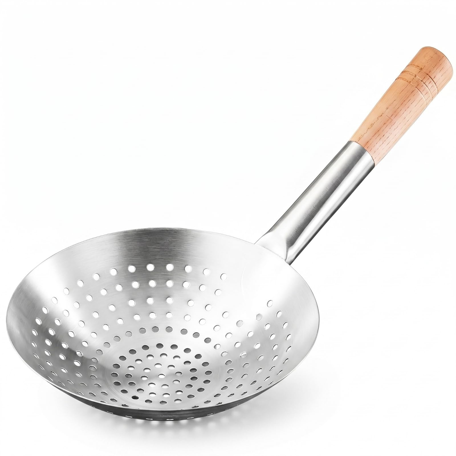 Colador de Acero Inoxidable con Diseño Seguro y Mango en Madera Utilidad Eficiente para Alimentos y Líquidos Calientes Cabeza Resistente Apto para Frituras Comidas Uso Casero, 32 Cm