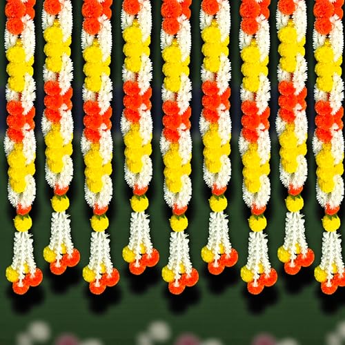 Image of iHandikart Artificial Infinity Shaped Marigold Garland for Home Decor | Pack of 2,52 Inch| Orange-Yellow Floral Garland for House Warming, Festive Decor, Wedding & Entrance Door Decoration itmes.