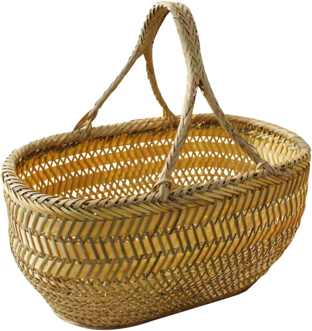 Bamboo Shopping Basket Veg Harvesting Rattan Basket Handwoven Basket with Handles Food Baskets Gathering Large Wicker Baskets Harvest Baskets Organization Eggs Bamboo Weaving Khaki