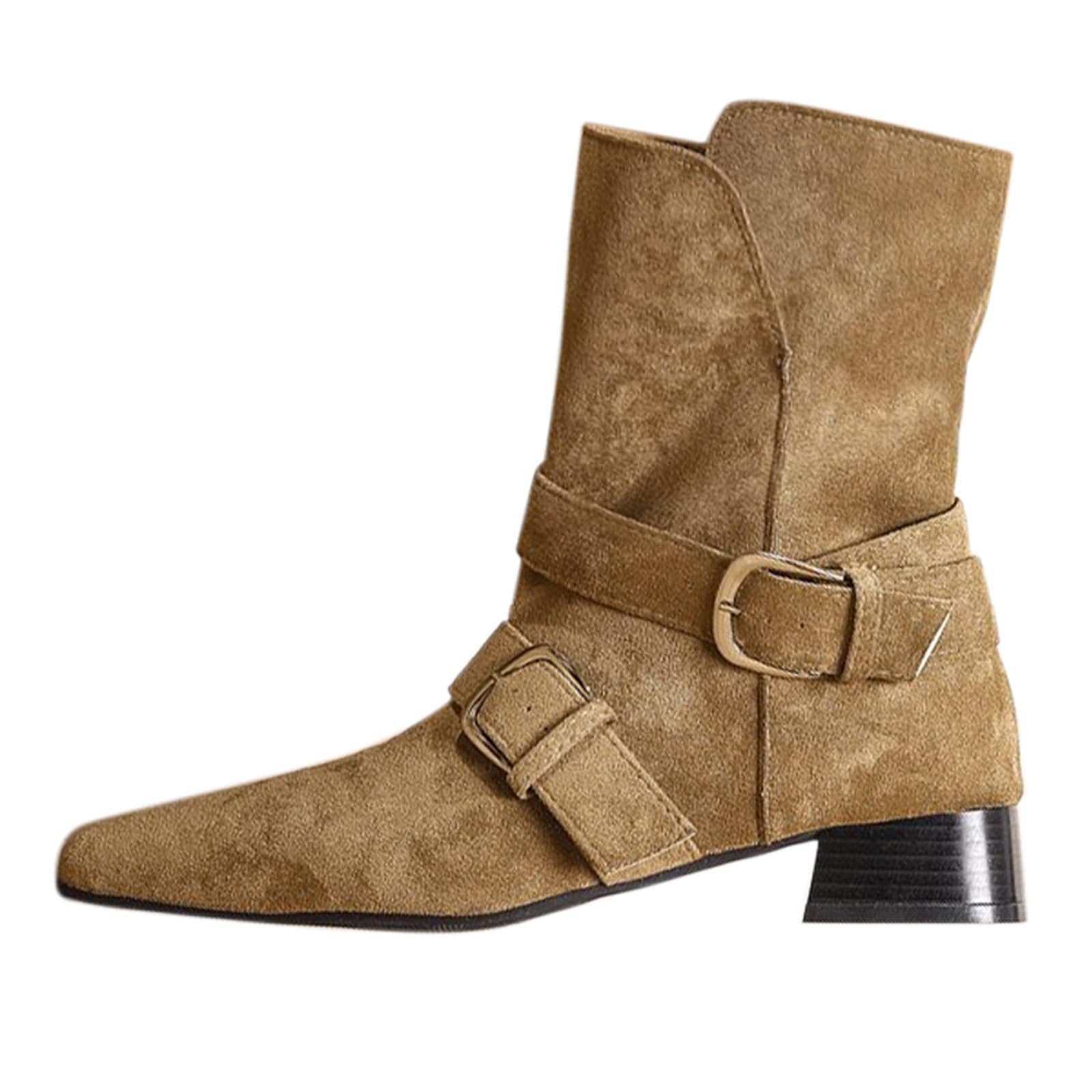 Cocila Botas Vaqueras De Pasos Con Hebilla Cinturón Y Tacón Grueso, Mangas Para Otoño E Invierno. Negras Altas Mujer Planas Botines Piel Marron Marrones Tacon Fino Planos Casual Zapatos