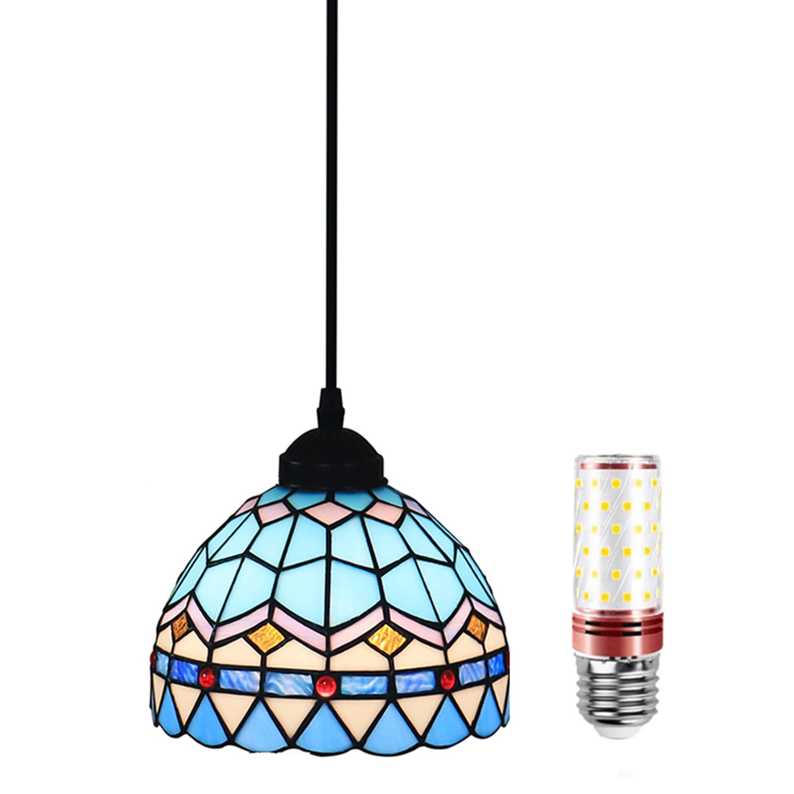 Uziqueif Pendant Light, Pendant Ceiling Light 8", Tiffany Style Hanging Ceiling Lights, Glass Lampshade, LED Kitchen Island Lights, vintage chandelier for Dining Room, Living Room, Height Adjustable,H — image 1