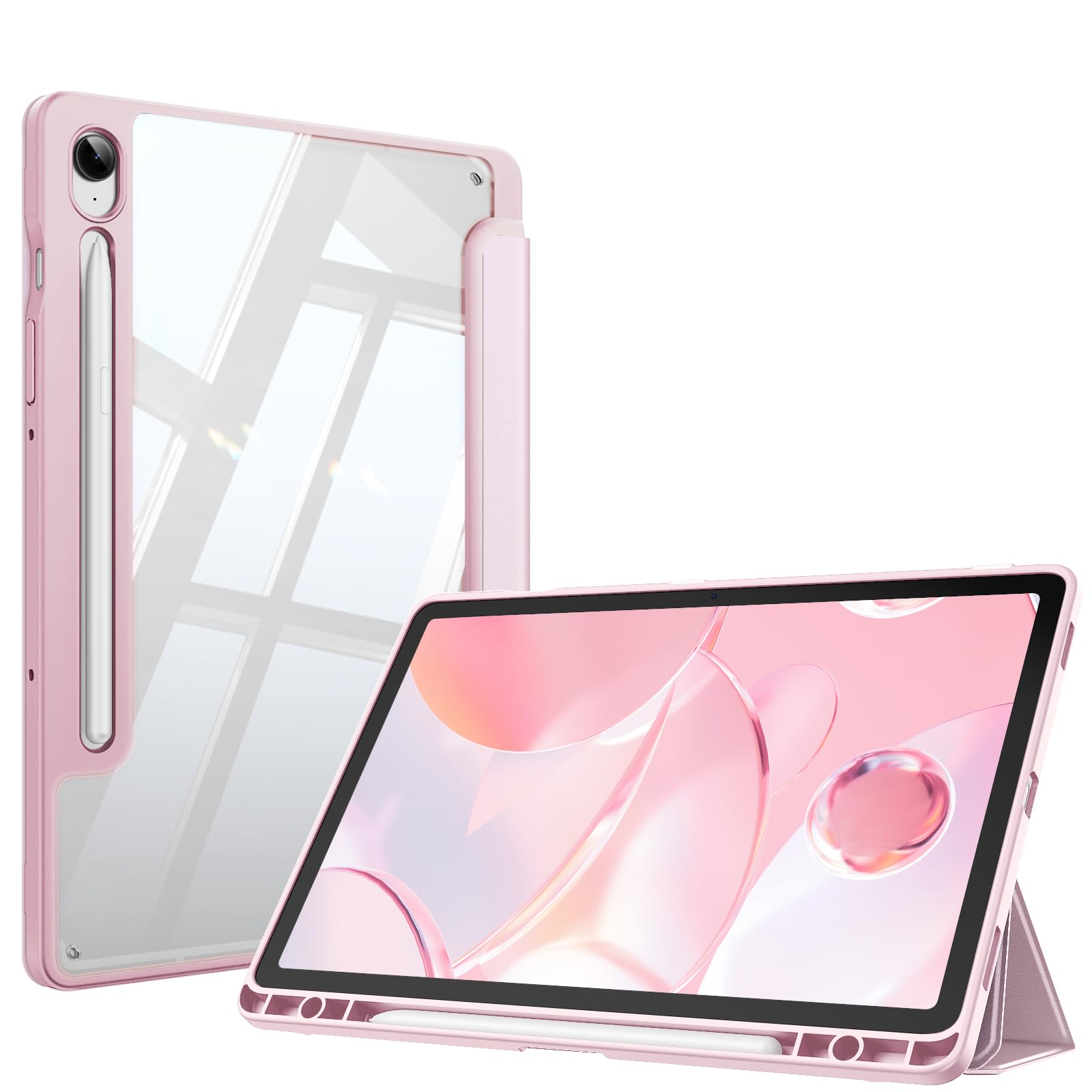 Hybrid Slim Case for Samsung Galaxy Tab S9 11 Inch 2023 Model (SM-X710/X716B/X718U) with S Pen Holder, Shockproof Cover with Clear Transparent Back Shell, Auto Wake/Sleep, Pink