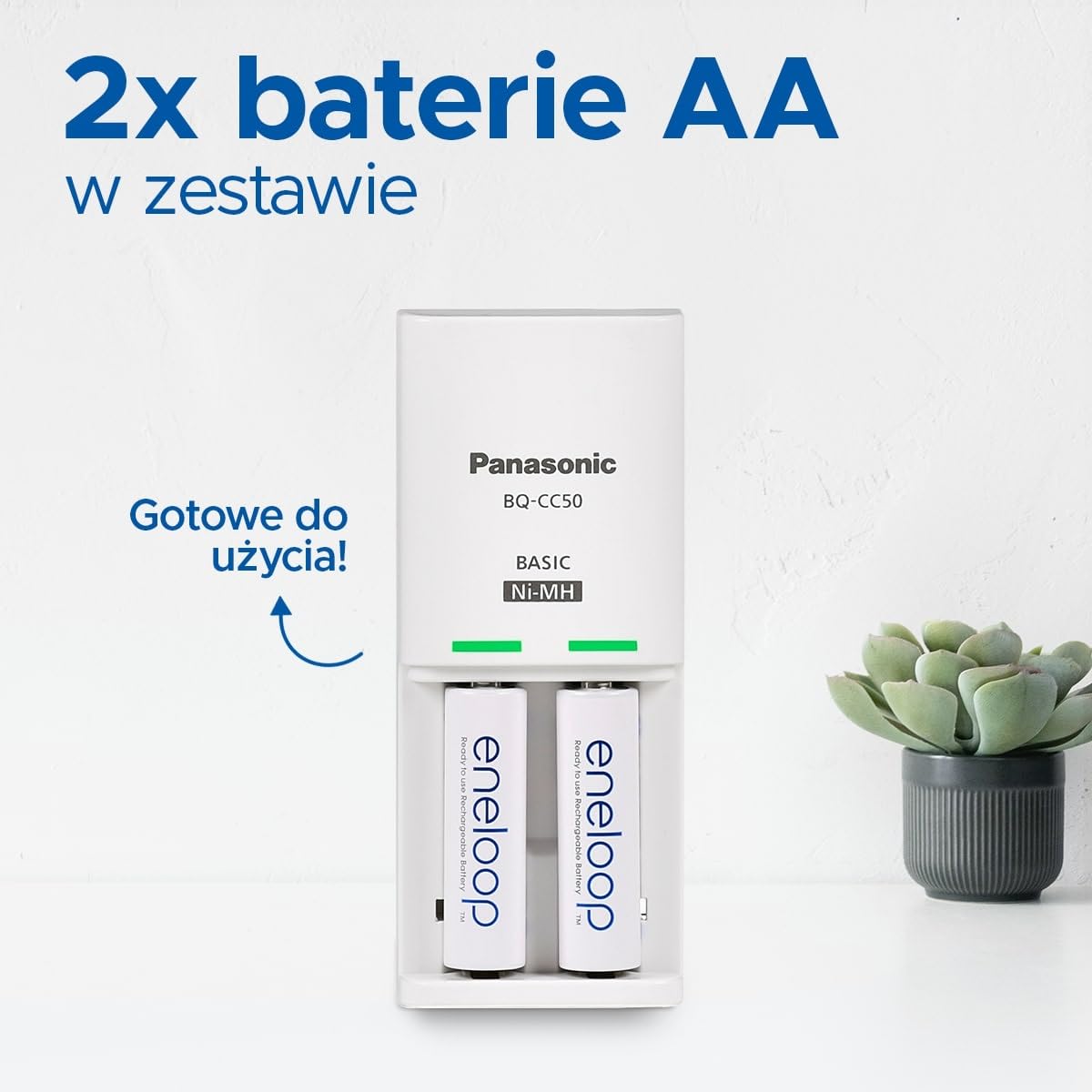 Panasonic eneloop 52050E20ic eneloop Compact do 1–2 akum. AA/AAA Ni-MH z 2 wskaźnikami LED i 6 funkcjami bezpieczeństwa, w zestawie z 2 akumulatorami eneloop AA/Mignon, większa poj. min. 2000 mAh