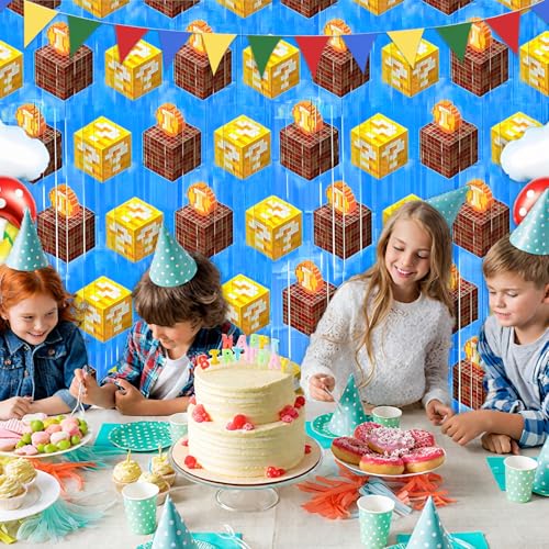 Image of Super Adventure Video Game Party Backdrop, 2 Pcs 3.3 x 6.6 Ft Question Boxes Foil Fringe Curtains Shiny Photo Booth Streamers for Bros Gamer Birthday Party Decorations