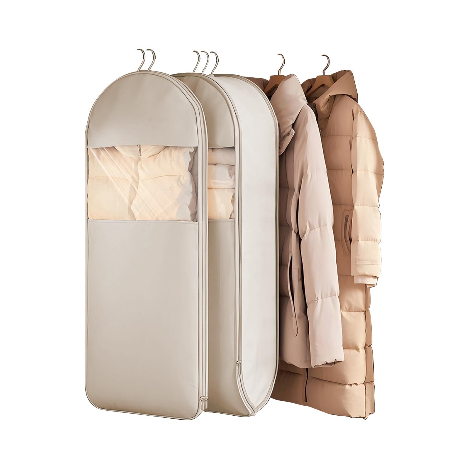 DFGHNBVC 2 Pcs Down Coat Garment Bags, Space Saving Clothes Storage With Self Compression Zipper,Beige-130Cm/51In