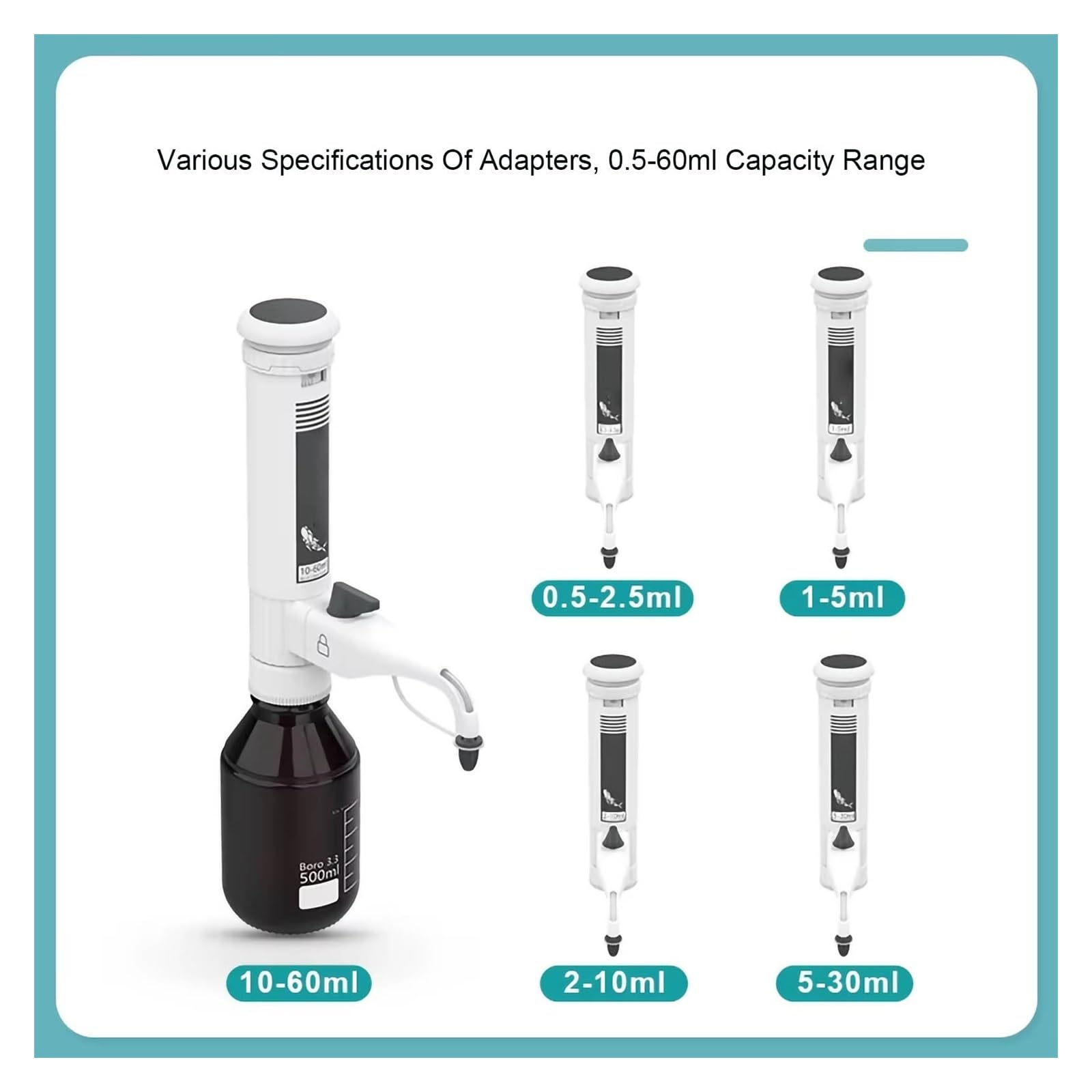 Dispensador superior de botella for laboratorio, pipeta de líquido ajustable de 10 a 60 ml, válvula antigoteo doble, ventana digital, 5 adaptadores roscados - Botella no incluida(5-30ml)