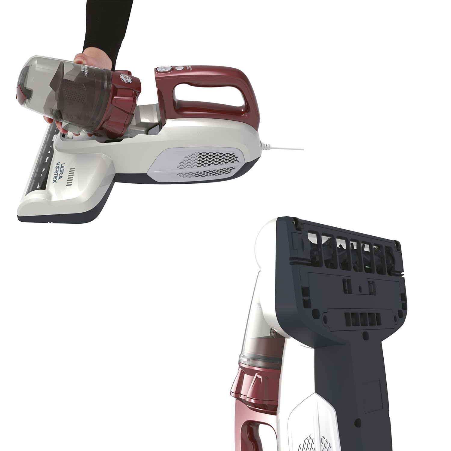 Hoover MBC500UV Ultra Vortex Aspirateur à Main Special Matelas Animaux Allergies, Ultra Puissant 500W, Lampe UV-C antibactérien, Anti-Acariens, Idéal Canapés Coussins Matelas, Blanc nacré Bordeaux